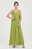 V Neck Chiffon Bridesmaid Dresses Pleated Ruched A Line Formal Evening Dress Gowns