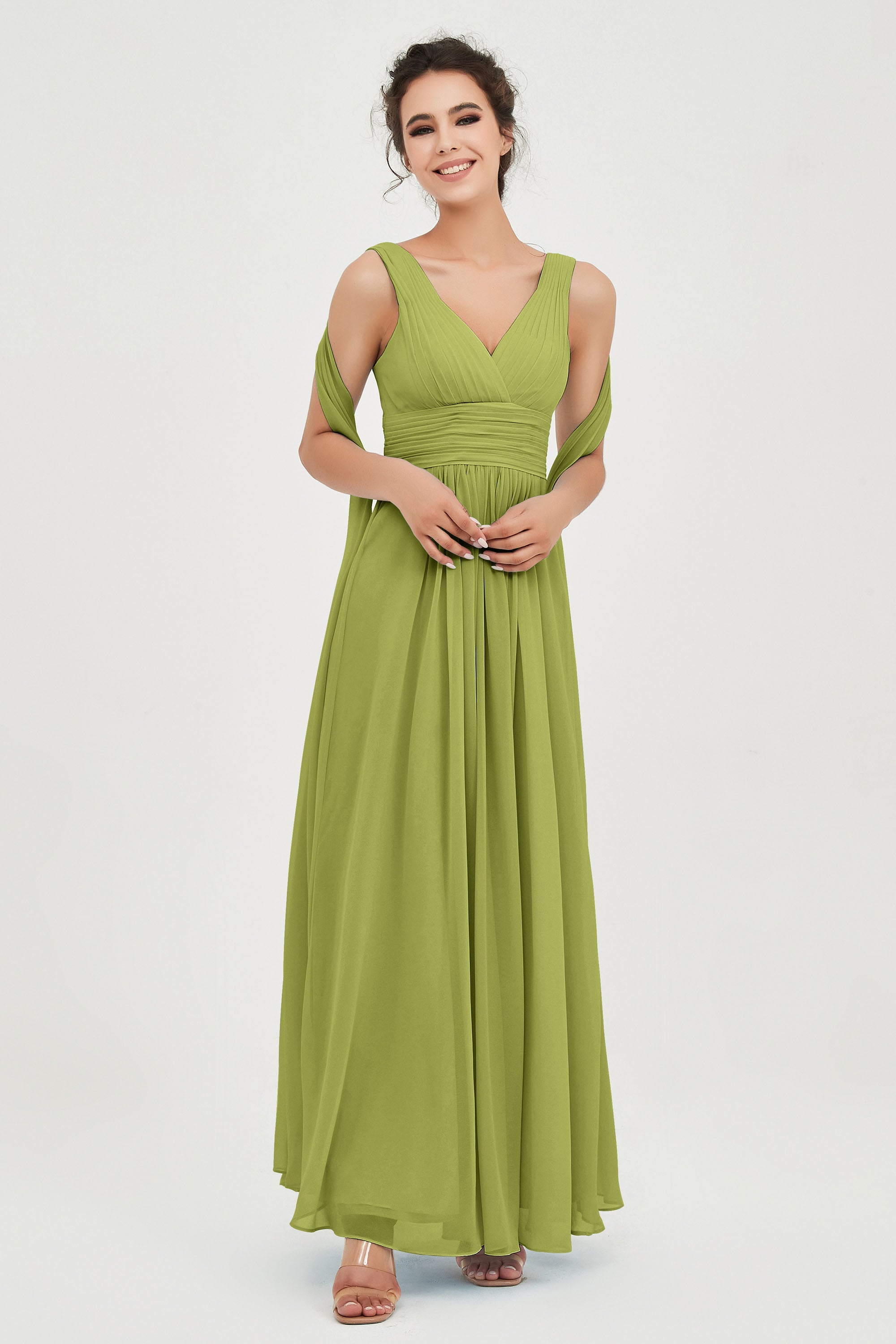 V Neck Chiffon Bridesmaid Dresses Pleated Ruched A Line Formal Evening Dress Gowns