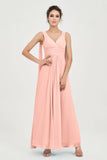 V Neck Chiffon Bridesmaid Dresses Pleated Ruched A Line Formal Evening Dress Gowns
