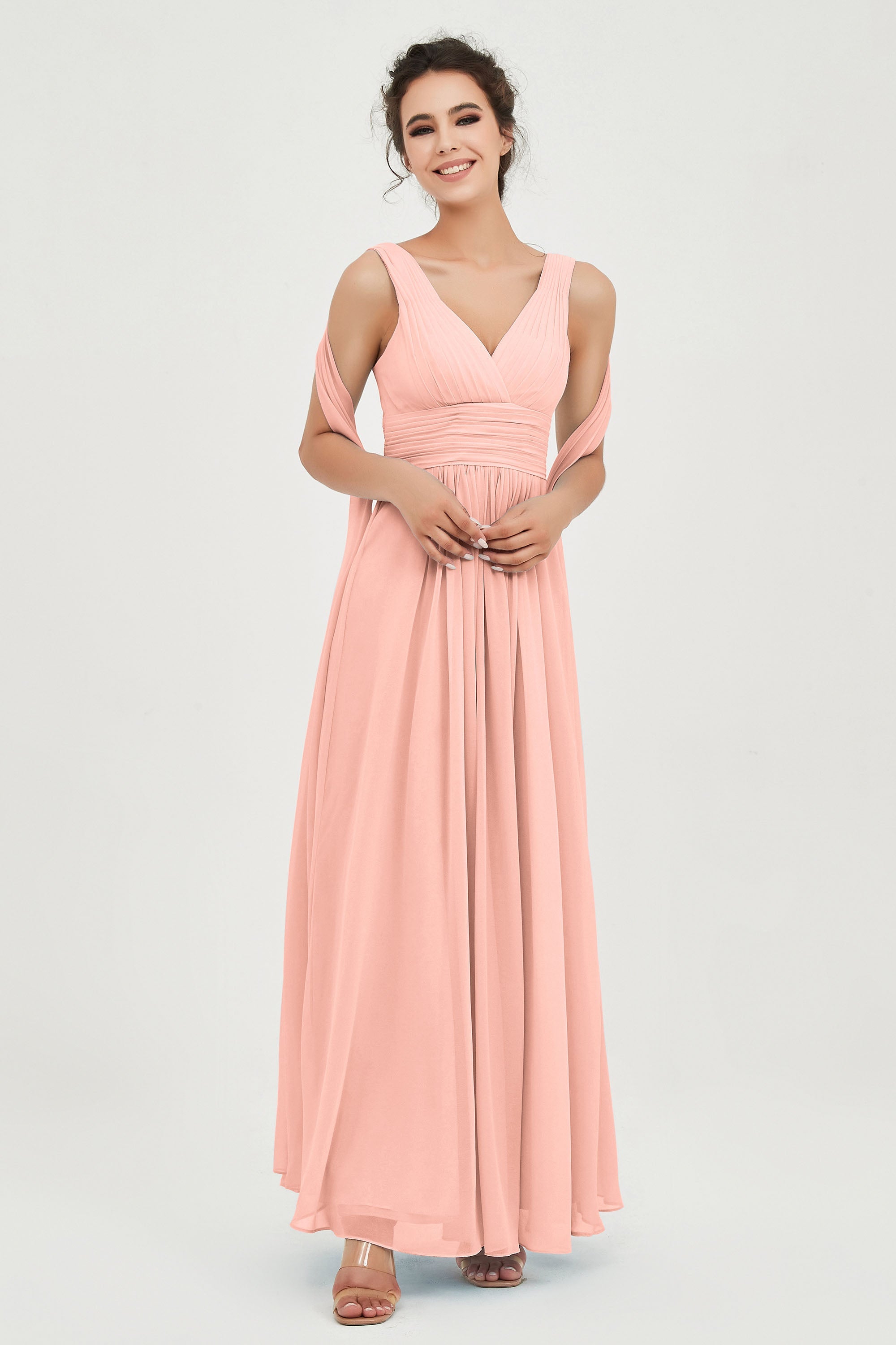 V Neck Chiffon Bridesmaid Dresses Pleated Ruched A Line Formal Evening Dress Gowns