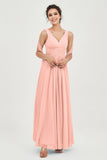 V Neck Chiffon Bridesmaid Dresses Pleated Ruched A Line Formal Evening Dress Gowns