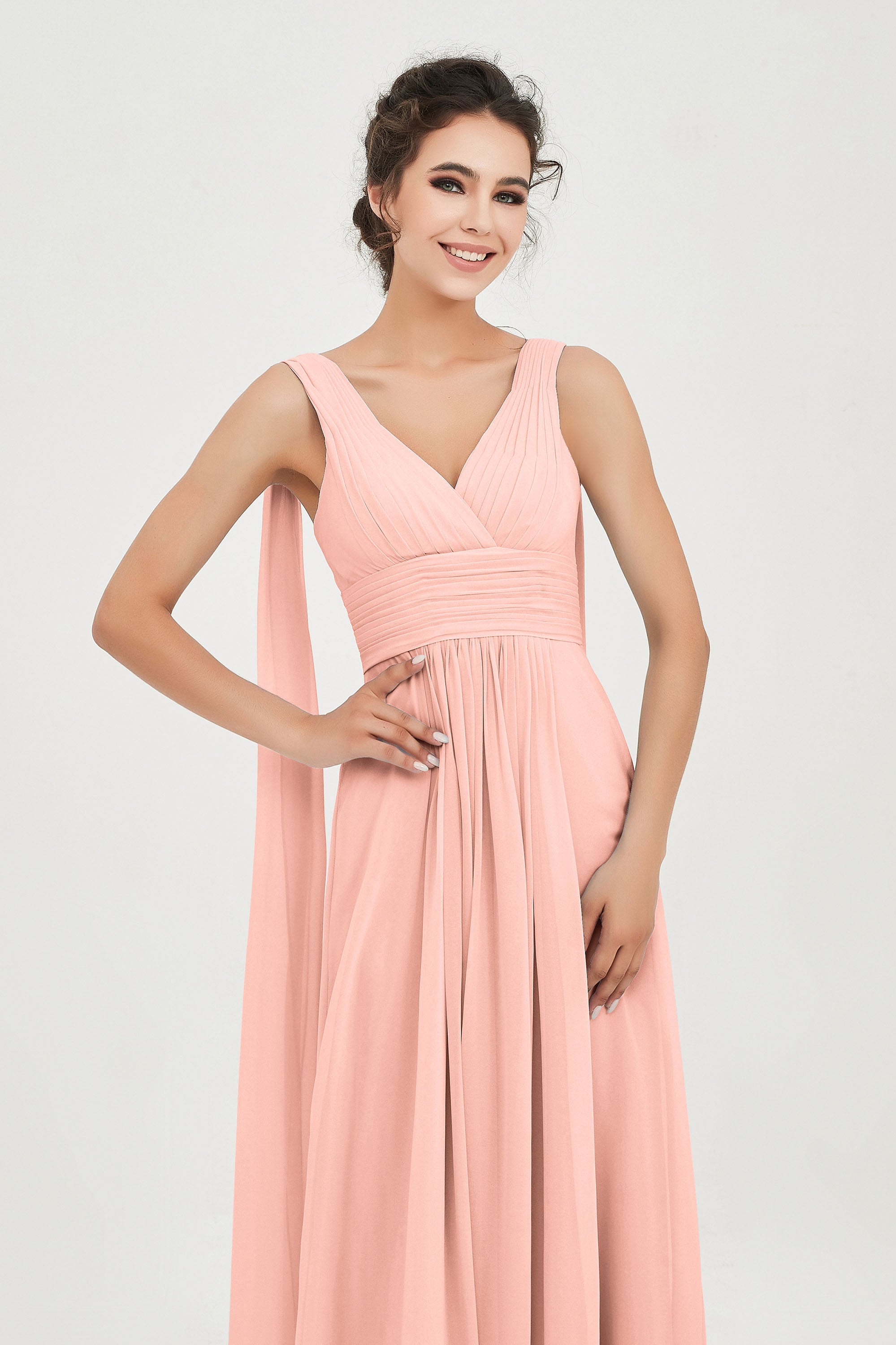 V Neck Chiffon Bridesmaid Dresses Pleated Ruched A Line Formal Evening Dress Gowns