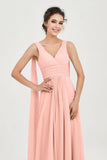V Neck Chiffon Bridesmaid Dresses Pleated Ruched A Line Formal Evening Dress Gowns