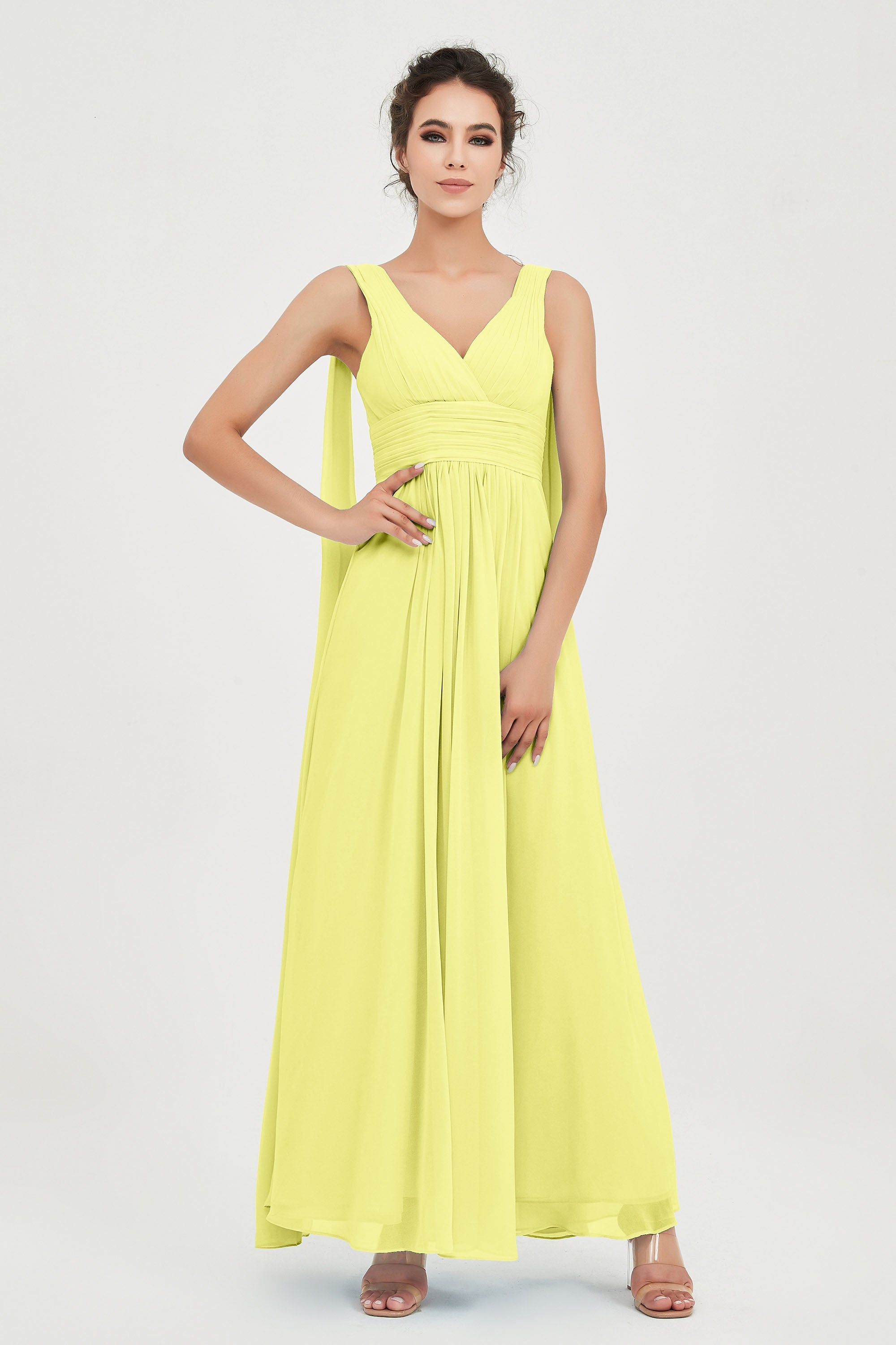 V Neck Chiffon Bridesmaid Dresses Pleated Ruched A Line Formal Evening Dress Gowns