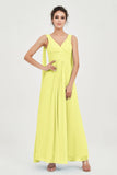 V Neck Chiffon Bridesmaid Dresses Pleated Ruched A Line Formal Evening Dress Gowns