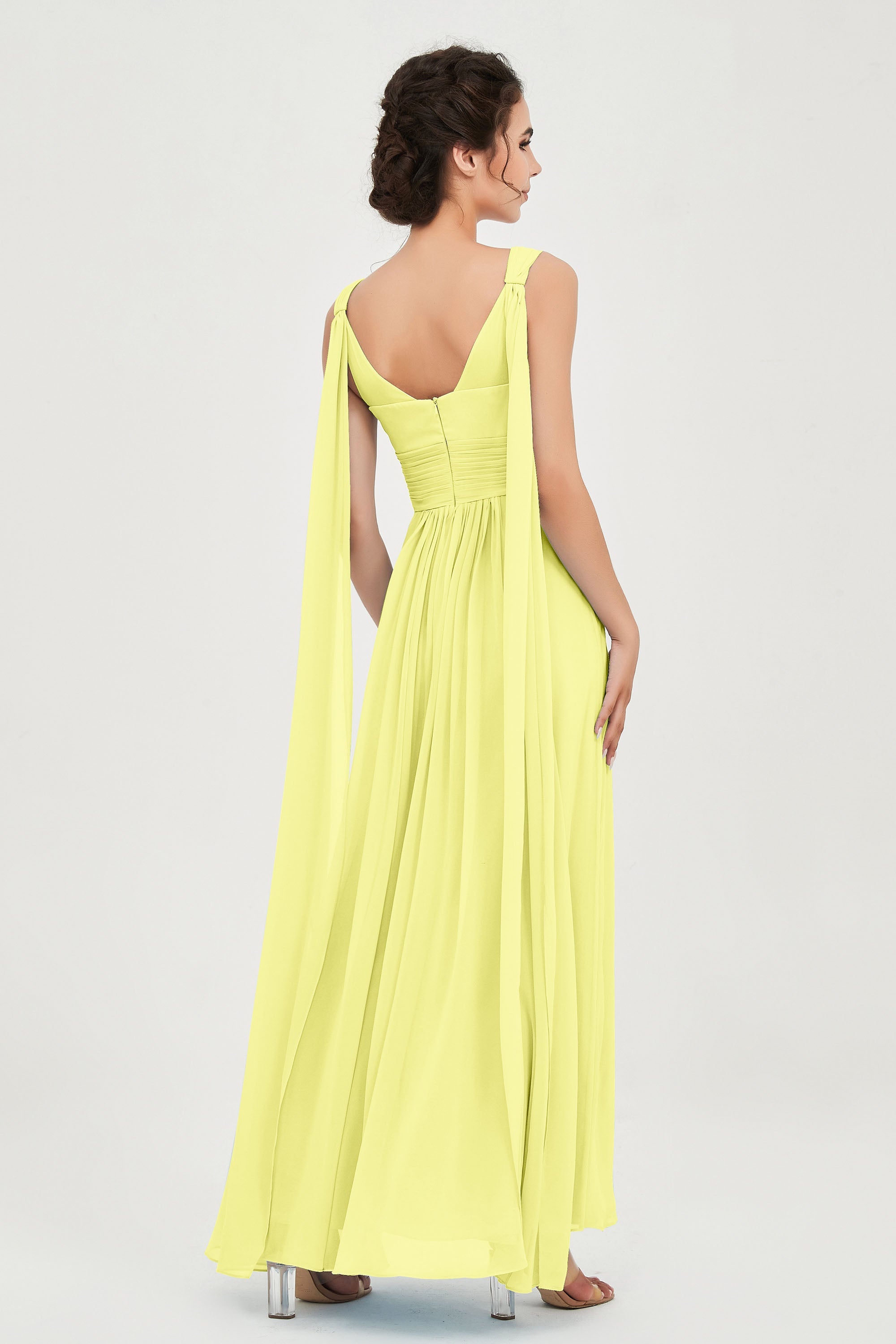V Neck Chiffon Bridesmaid Dresses Pleated Ruched A Line Formal Evening Dress Gowns