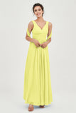 V Neck Chiffon Bridesmaid Dresses Pleated Ruched A Line Formal Evening Dress Gowns