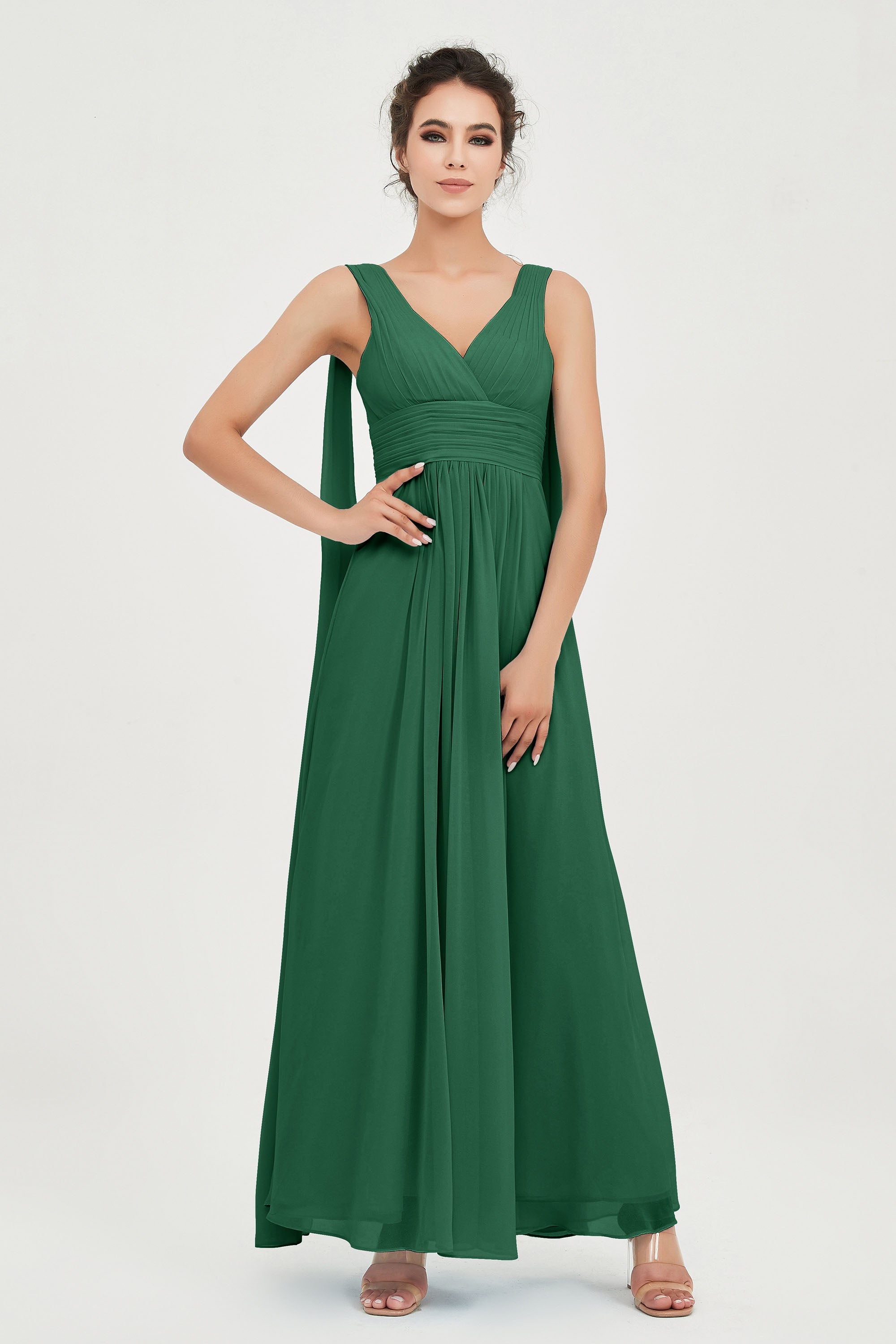 V Neck Chiffon Bridesmaid Dresses Pleated Ruched A Line Formal Evening Dress Gowns