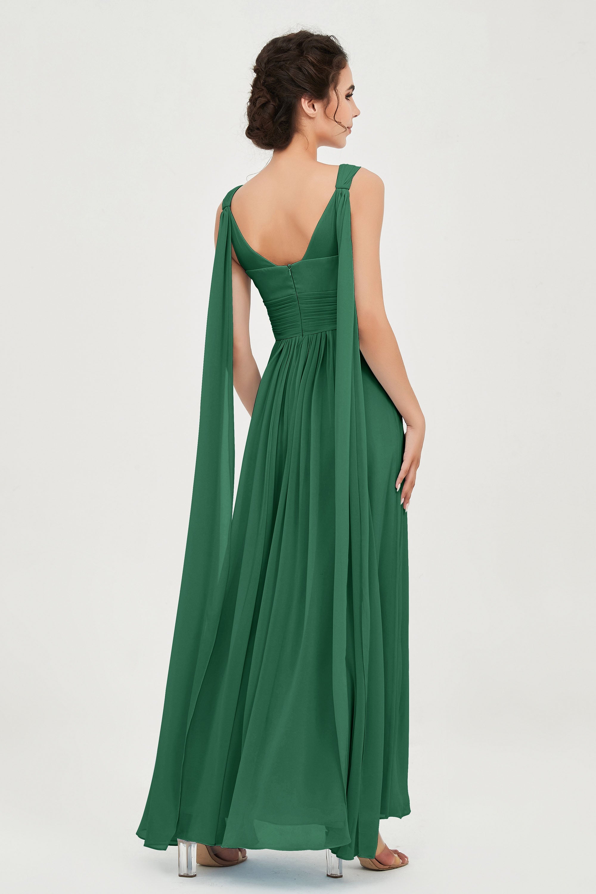 V Neck Chiffon Bridesmaid Dresses Pleated Ruched A Line Formal Evening Dress Gowns