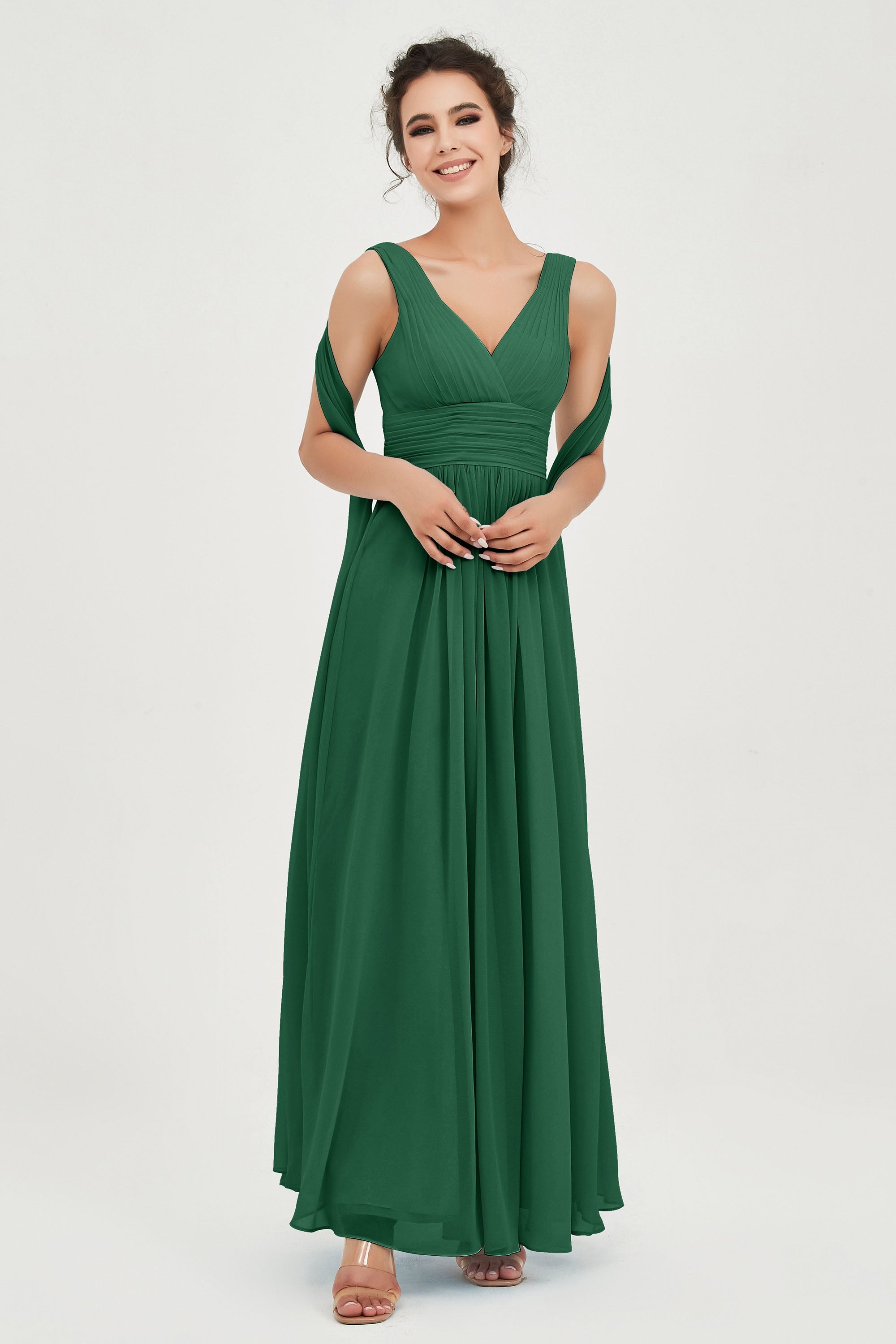 V Neck Chiffon Bridesmaid Dresses Pleated Ruched A Line Formal Evening Dress Gowns