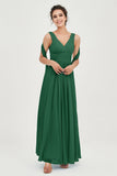 V Neck Chiffon Bridesmaid Dresses Pleated Ruched A Line Formal Evening Dress Gowns