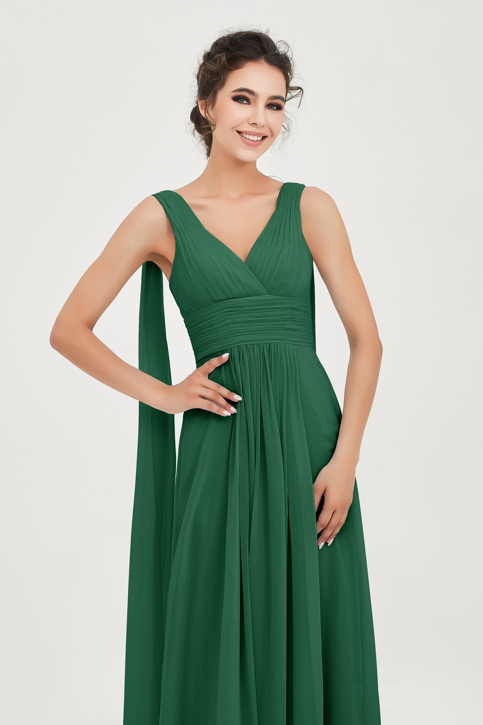 V Neck Chiffon Bridesmaid Dresses Pleated Ruched A Line Formal Evening Dress Gowns
