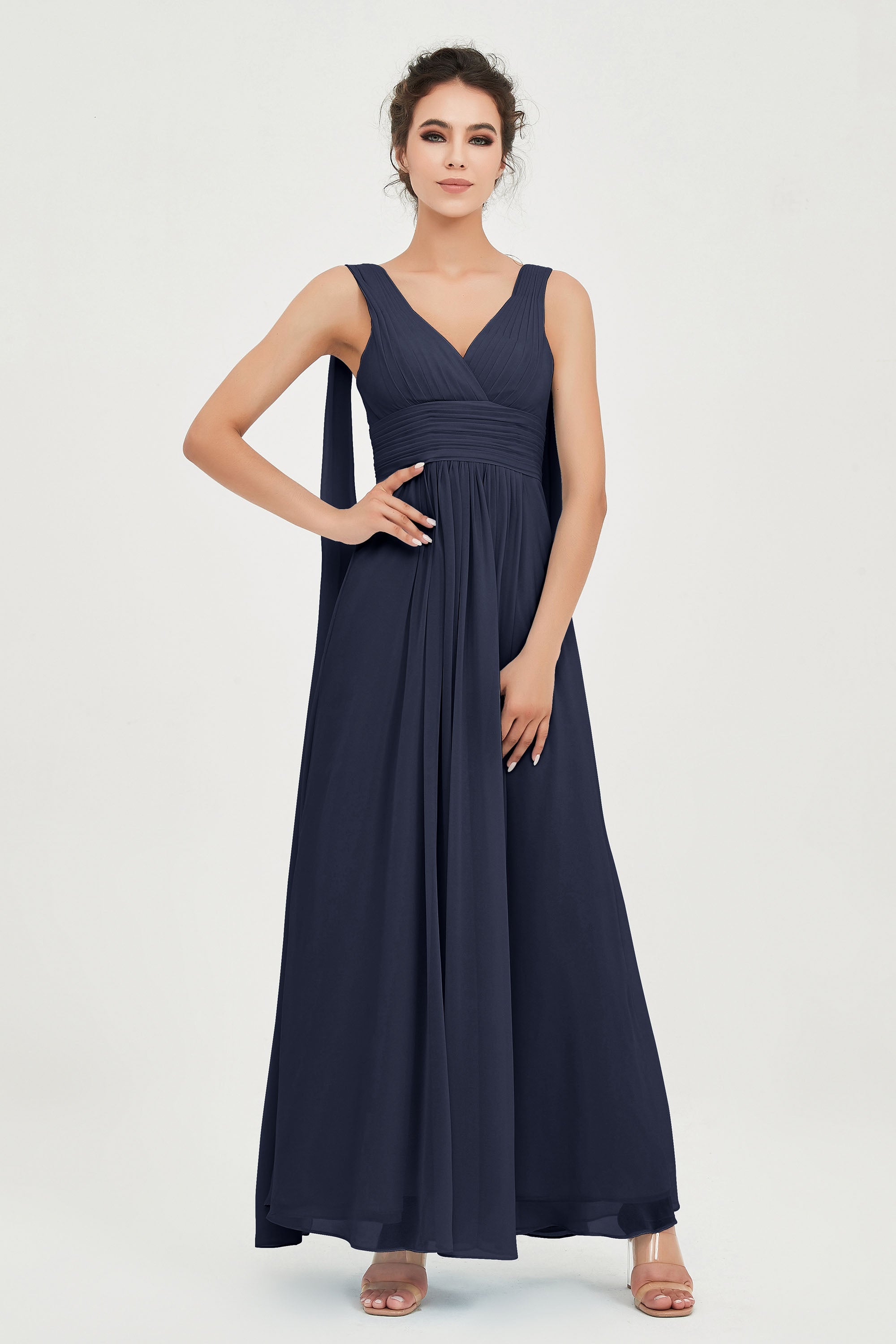 V Neck Chiffon Bridesmaid Dresses Pleated Ruched A Line Formal Evening Dress Gowns