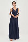 V Neck Chiffon Bridesmaid Dresses Pleated Ruched A Line Formal Evening Dress Gowns