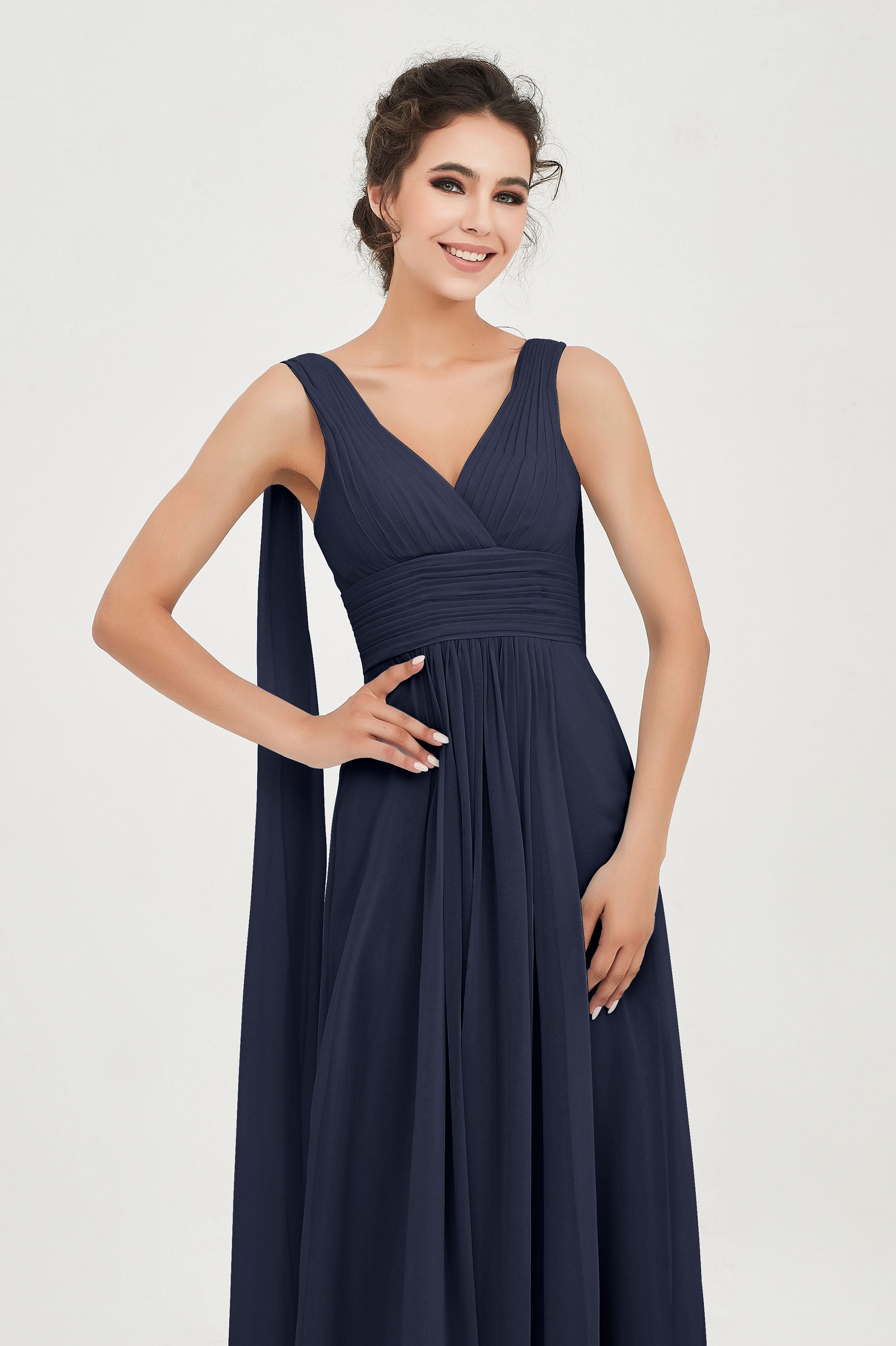 V Neck Chiffon Bridesmaid Dresses Pleated Ruched A Line Formal Evening Dress Gowns