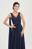 V Neck Chiffon Bridesmaid Dresses Pleated Ruched A Line Formal Evening Dress Gowns