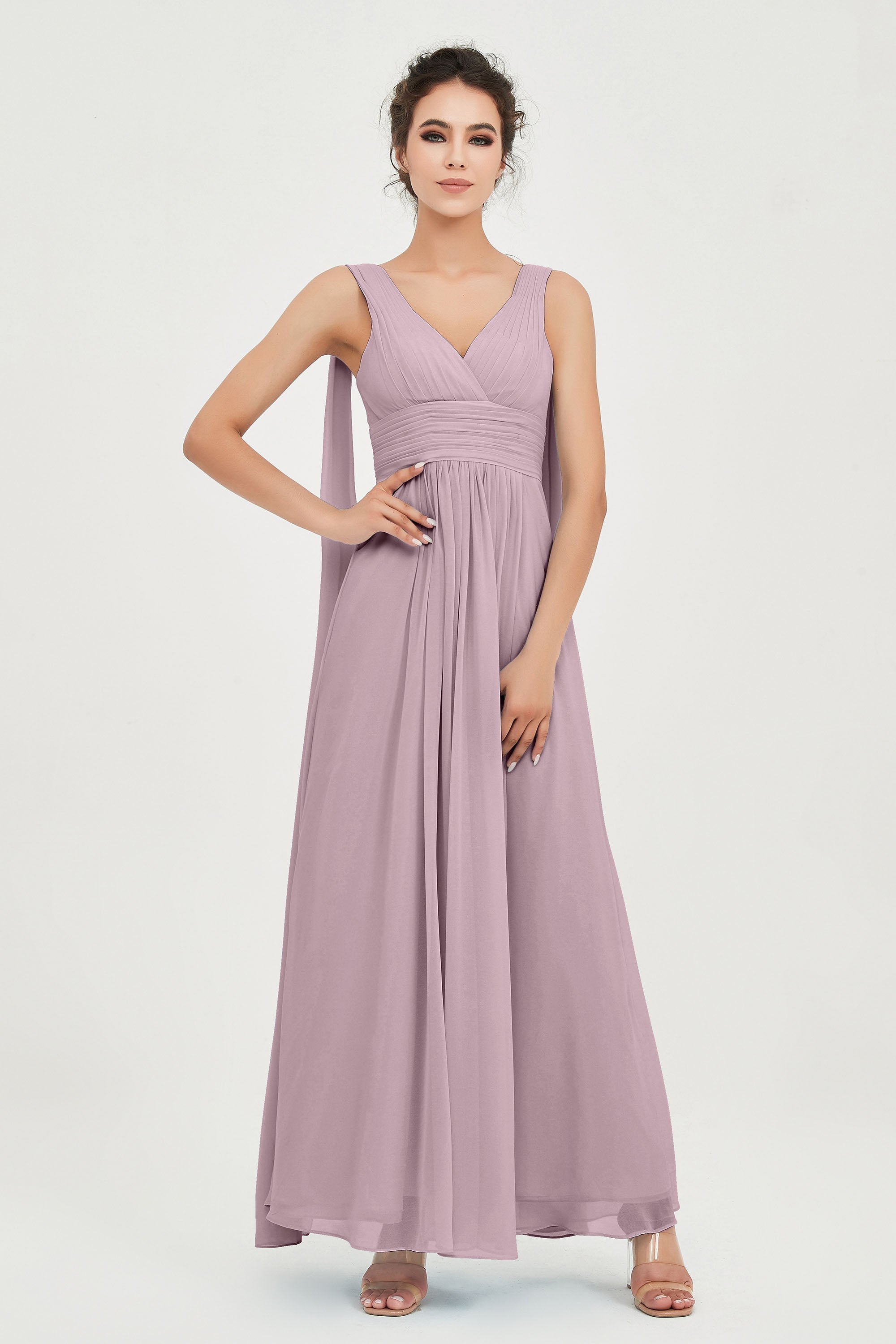 V Neck Chiffon Bridesmaid Dresses Pleated Ruched A Line Formal Evening Dress Gowns