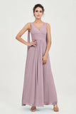 V Neck Chiffon Bridesmaid Dresses Pleated Ruched A Line Formal Evening Dress Gowns