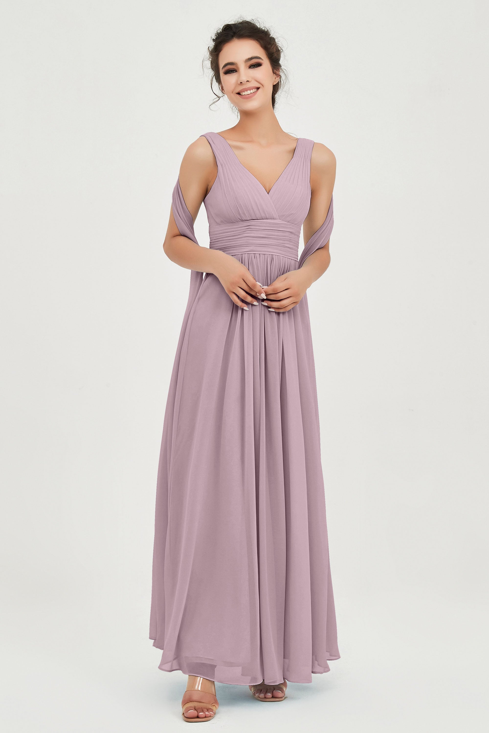 V Neck Chiffon Bridesmaid Dresses Pleated Ruched A Line Formal Evening Dress Gowns