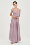 V Neck Chiffon Bridesmaid Dresses Pleated Ruched A Line Formal Evening Dress Gowns