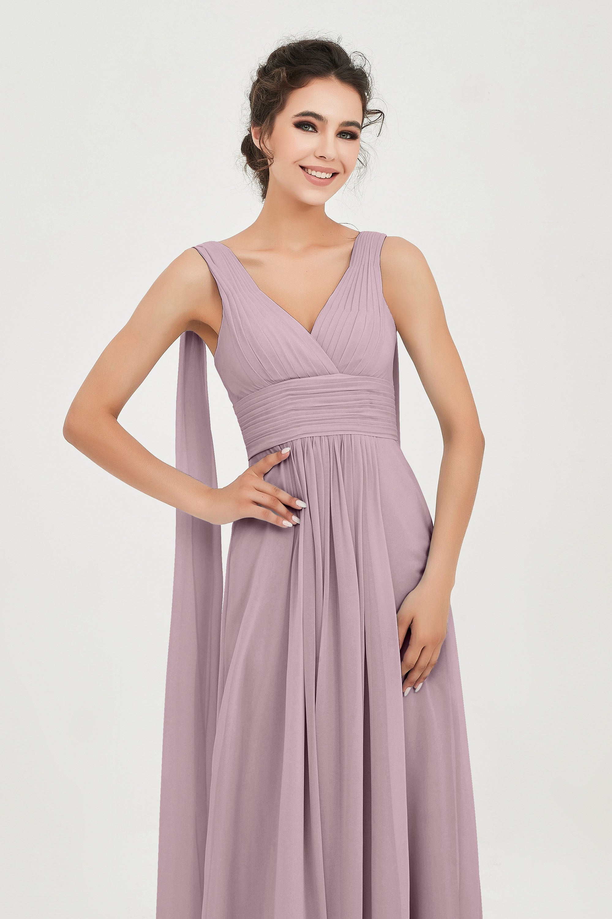 V Neck Chiffon Bridesmaid Dresses Pleated Ruched A Line Formal Evening Dress Gowns
