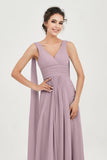 V Neck Chiffon Bridesmaid Dresses Pleated Ruched A Line Formal Evening Dress Gowns