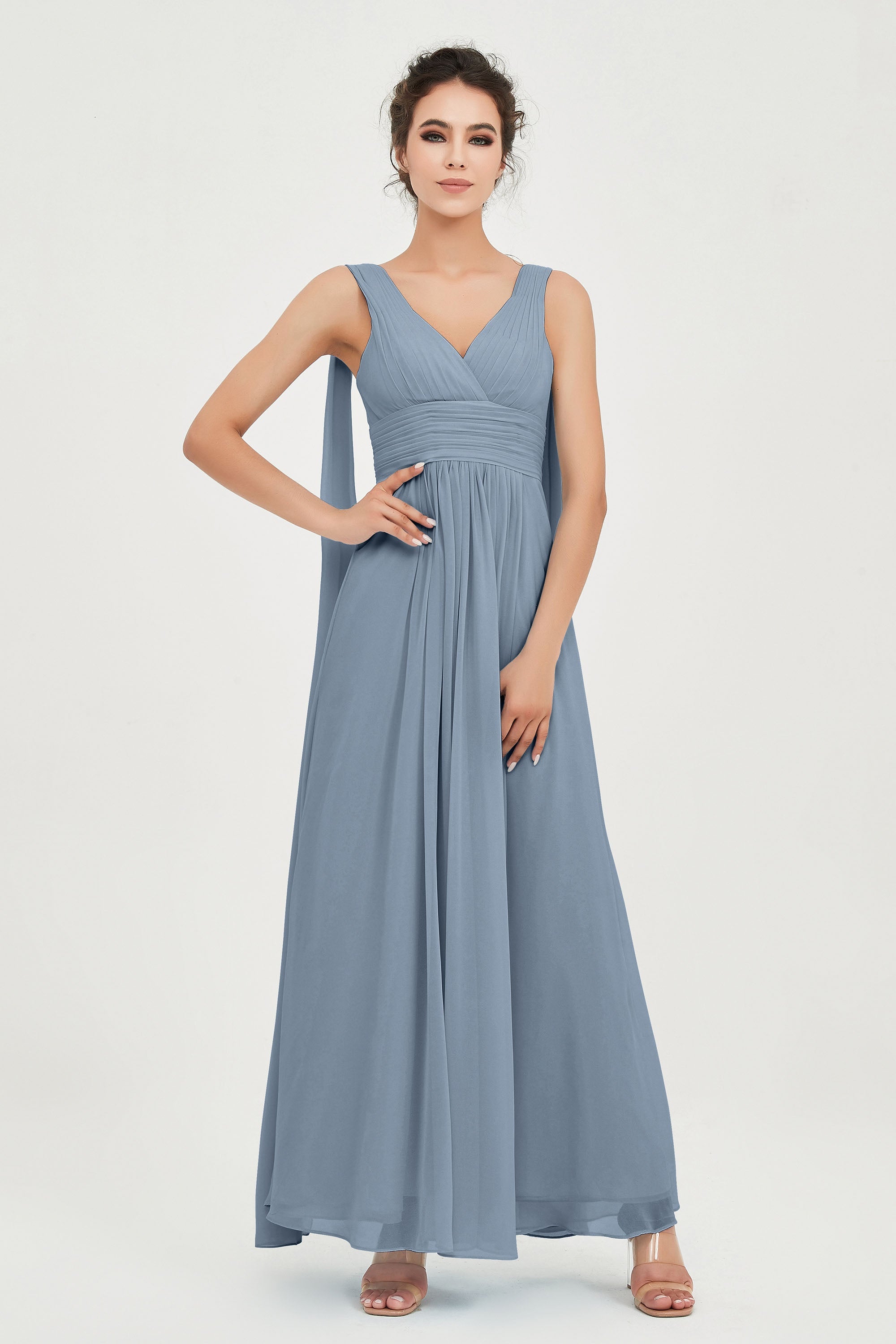 V Neck Chiffon Bridesmaid Dresses Pleated Ruched A Line Formal Evening Dress Gowns