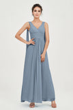 V Neck Chiffon Bridesmaid Dresses Pleated Ruched A Line Formal Evening Dress Gowns