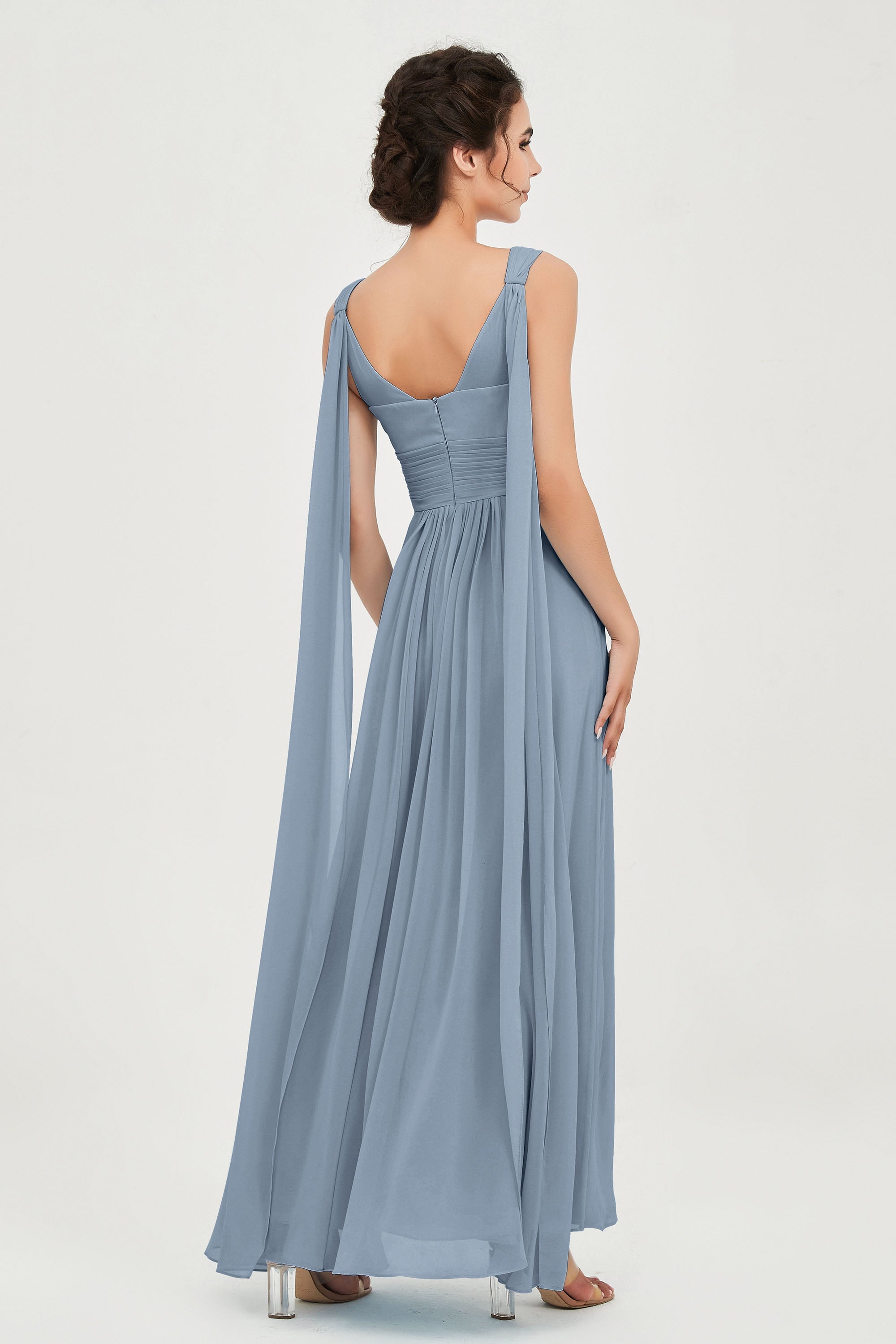 V Neck Chiffon Bridesmaid Dresses Pleated Ruched A Line Formal Evening Dress Gowns