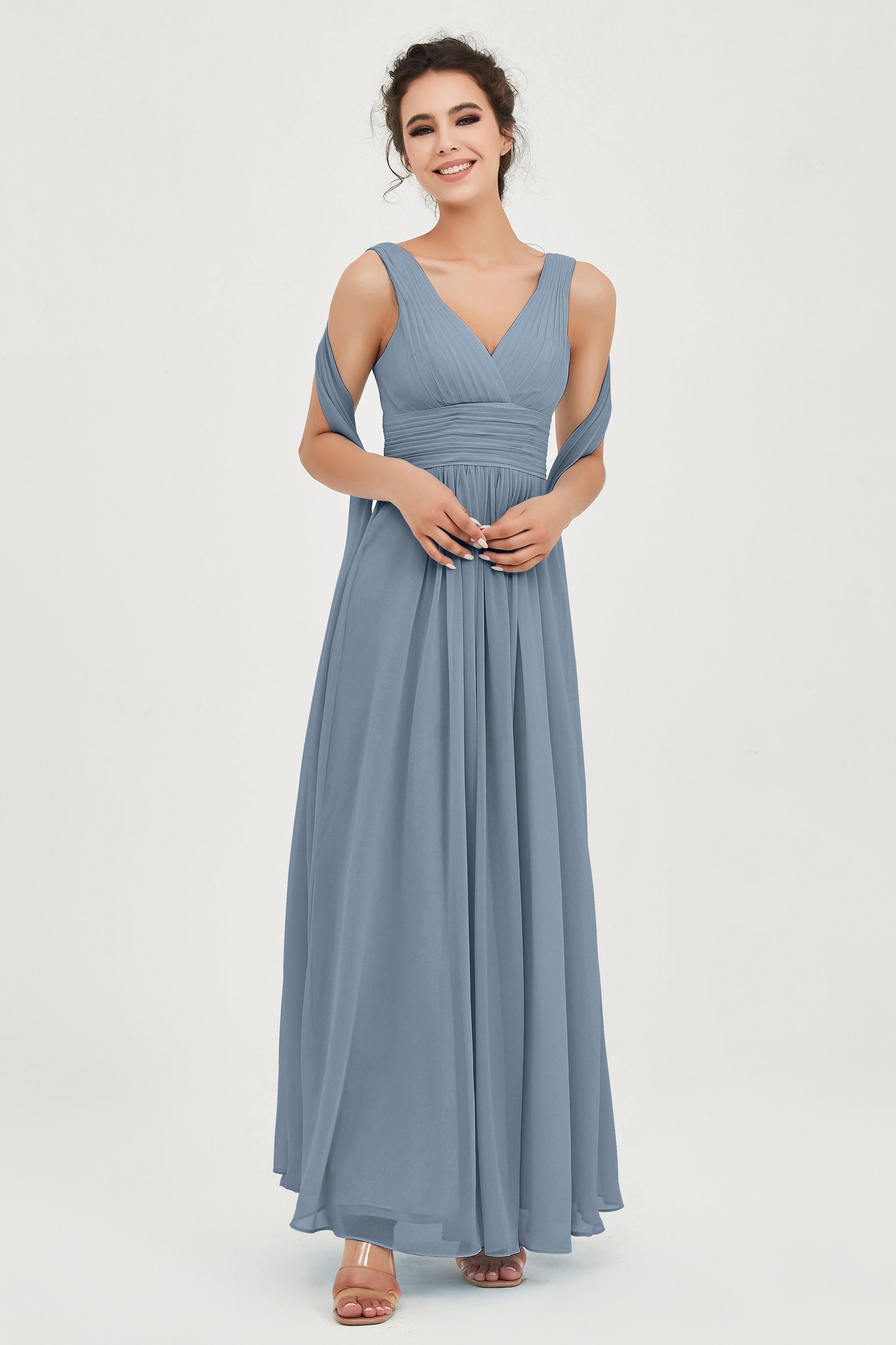 V Neck Chiffon Bridesmaid Dresses Pleated Ruched A Line Formal Evening Dress Gowns