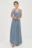 V Neck Chiffon Bridesmaid Dresses Pleated Ruched A Line Formal Evening Dress Gowns