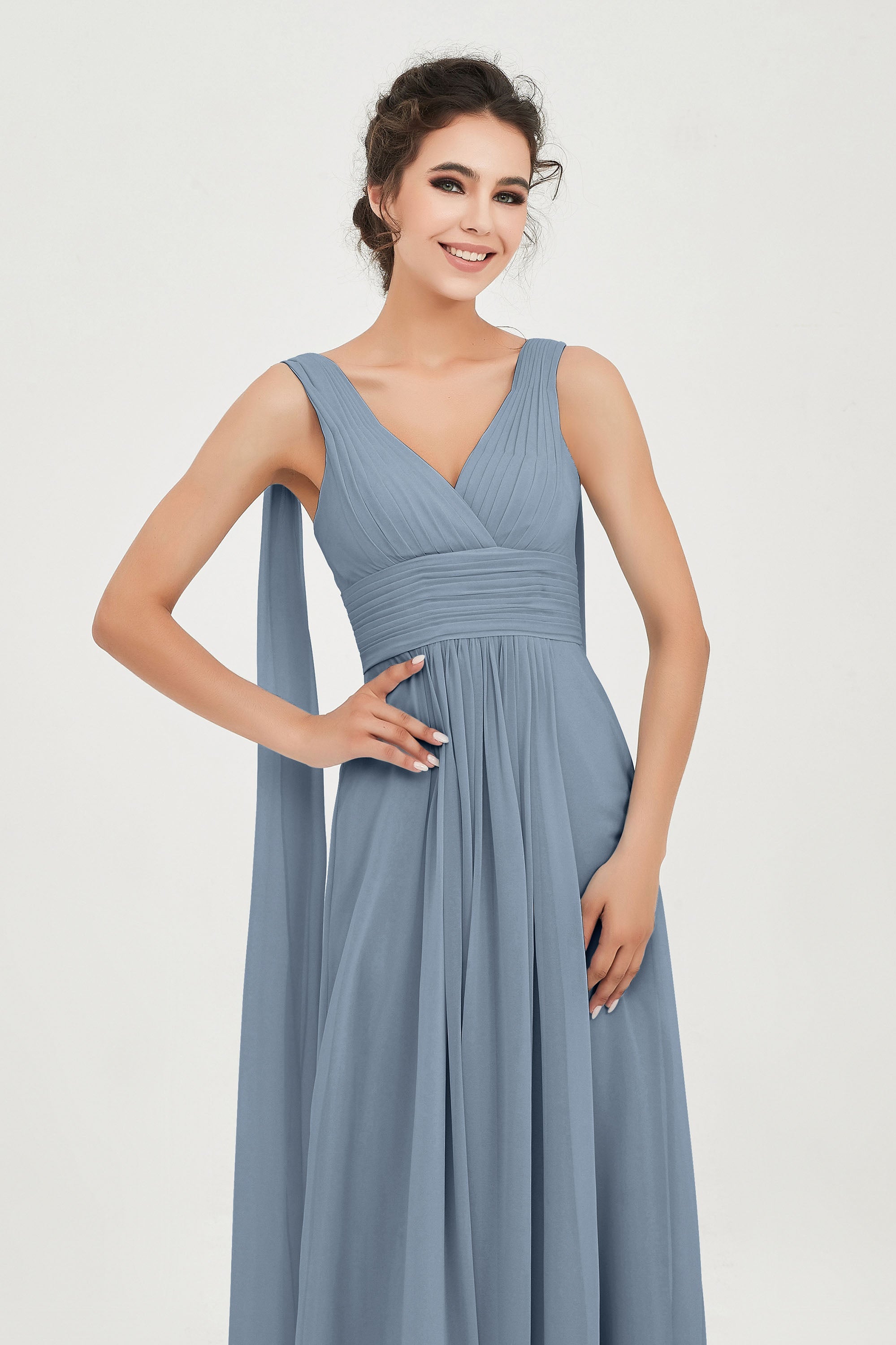 V Neck Chiffon Bridesmaid Dresses Pleated Ruched A Line Formal Evening Dress Gowns