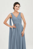 V Neck Chiffon Bridesmaid Dresses Pleated Ruched A Line Formal Evening Dress Gowns