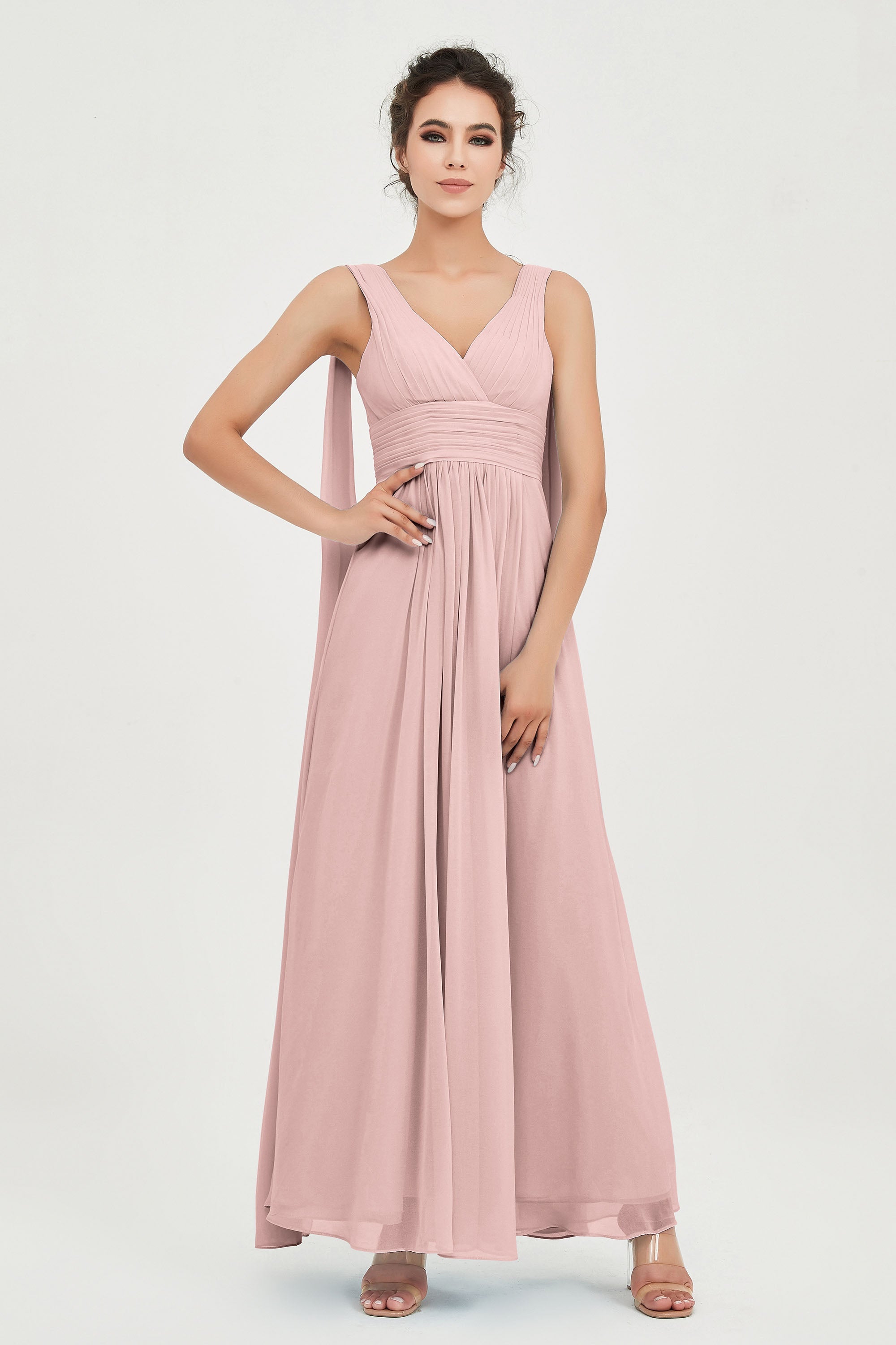 V Neck Chiffon Bridesmaid Dresses Pleated Ruched A Line Formal Evening Dress Gowns