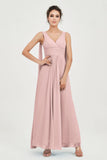 V Neck Chiffon Bridesmaid Dresses Pleated Ruched A Line Formal Evening Dress Gowns