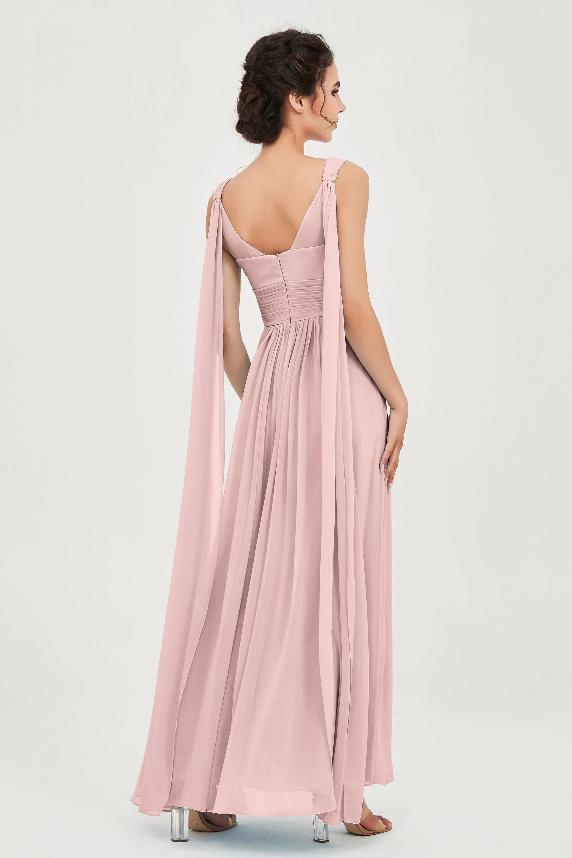 V Neck Chiffon Bridesmaid Dresses Pleated Ruched A Line Formal Evening Dress Gowns