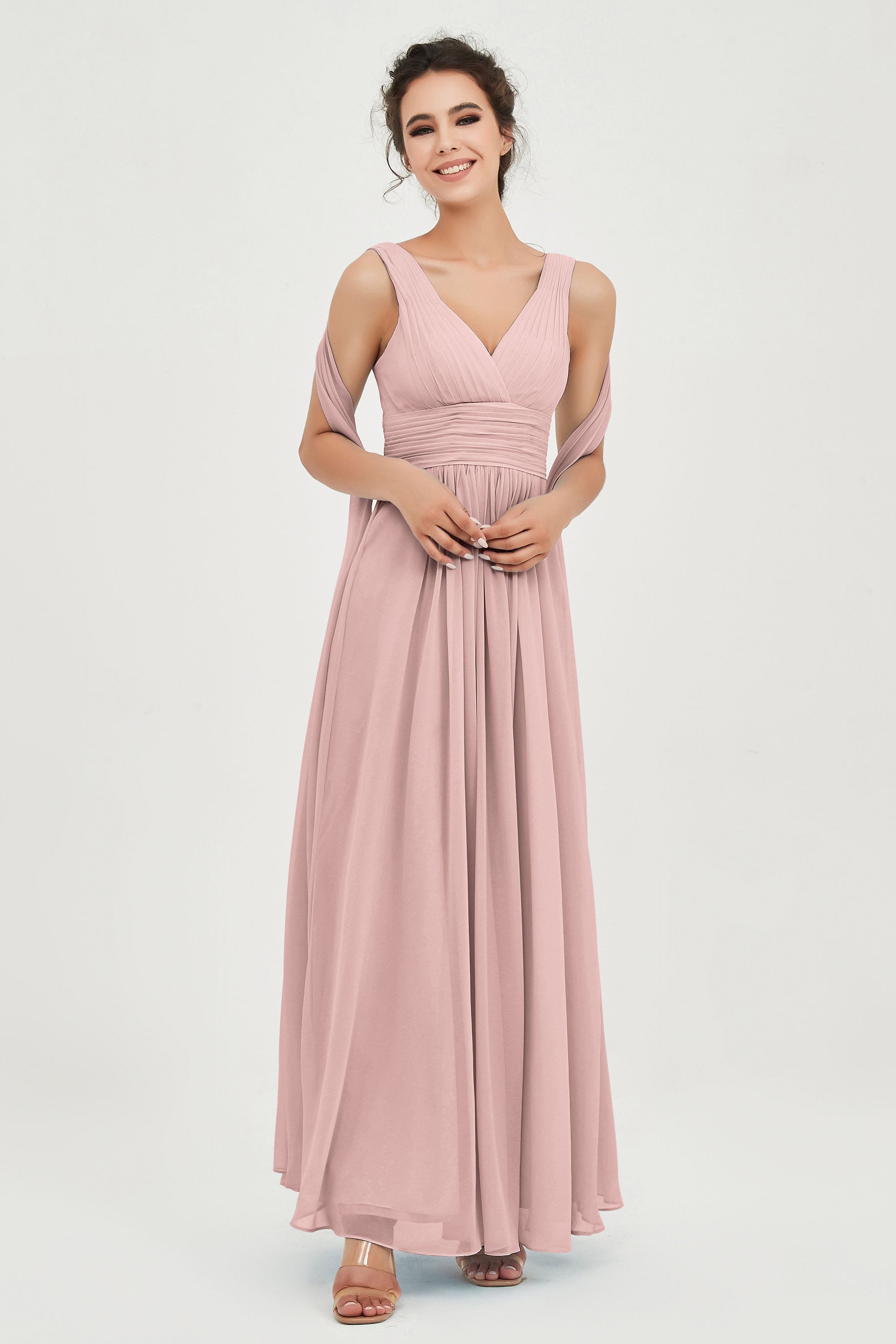 V Neck Chiffon Bridesmaid Dresses Pleated Ruched A Line Formal Evening Dress Gowns