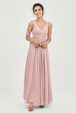 V Neck Chiffon Bridesmaid Dresses Pleated Ruched A Line Formal Evening Dress Gowns