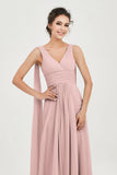 V Neck Chiffon Bridesmaid Dresses Pleated Ruched A Line Formal Evening Dress Gowns
