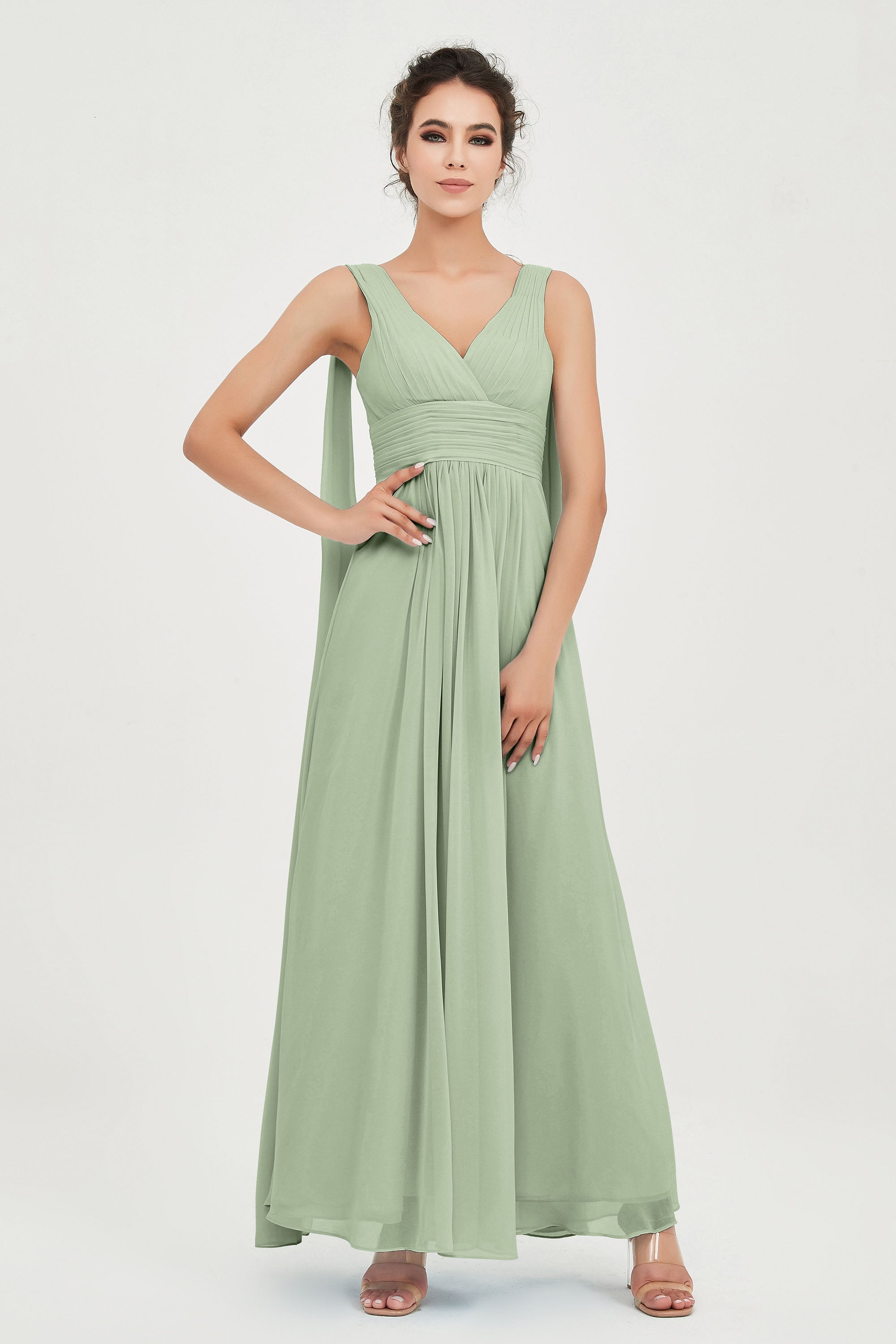 V Neck Chiffon Bridesmaid Dresses Pleated Ruched A Line Formal Evening Dress Gowns