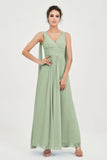 V Neck Chiffon Bridesmaid Dresses Pleated Ruched A Line Formal Evening Dress Gowns