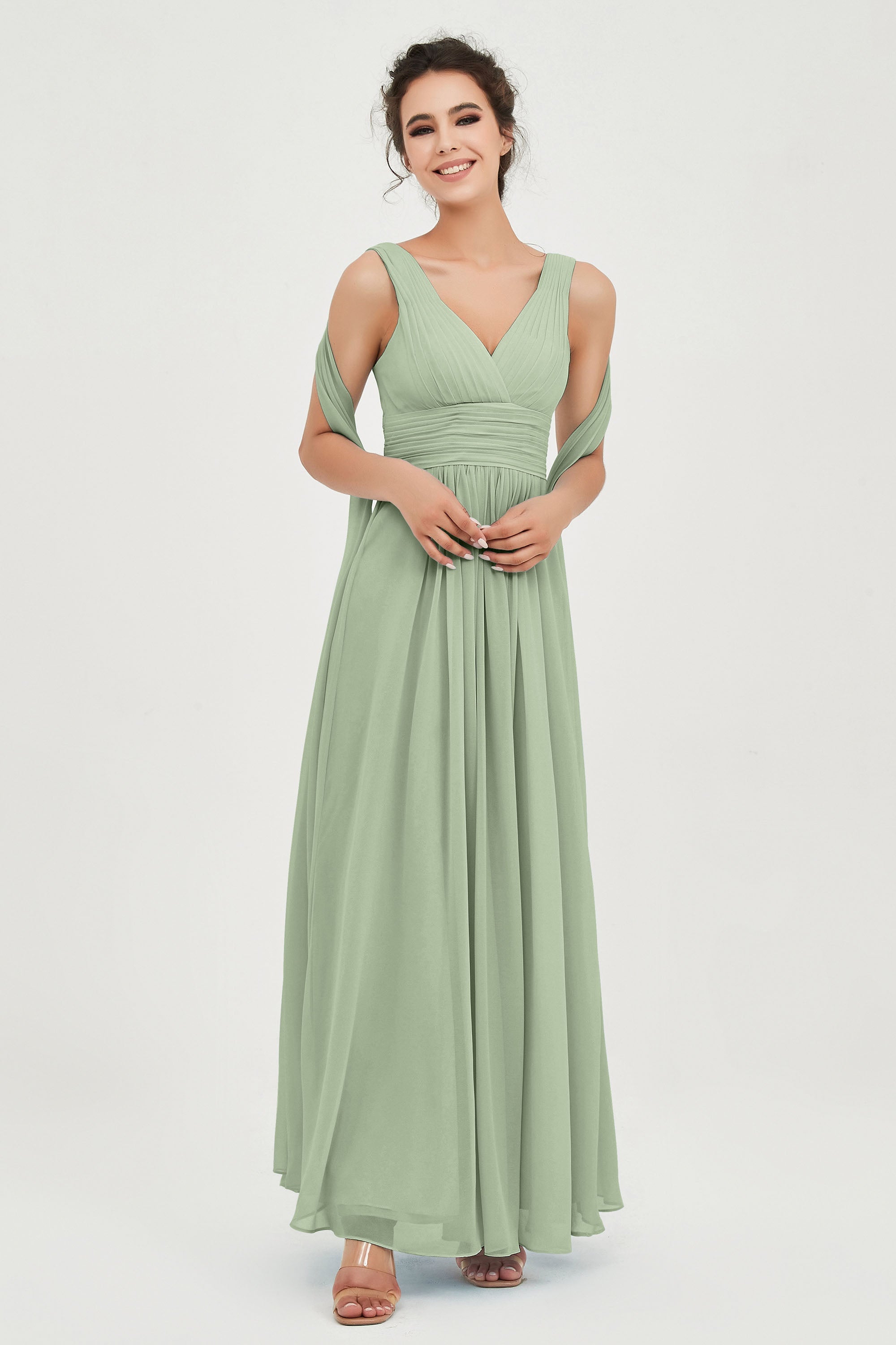 V Neck Chiffon Bridesmaid Dresses Pleated Ruched A Line Formal Evening Dress Gowns