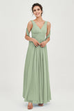 V Neck Chiffon Bridesmaid Dresses Pleated Ruched A Line Formal Evening Dress Gowns