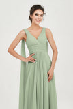 V Neck Chiffon Bridesmaid Dresses Pleated Ruched A Line Formal Evening Dress Gowns