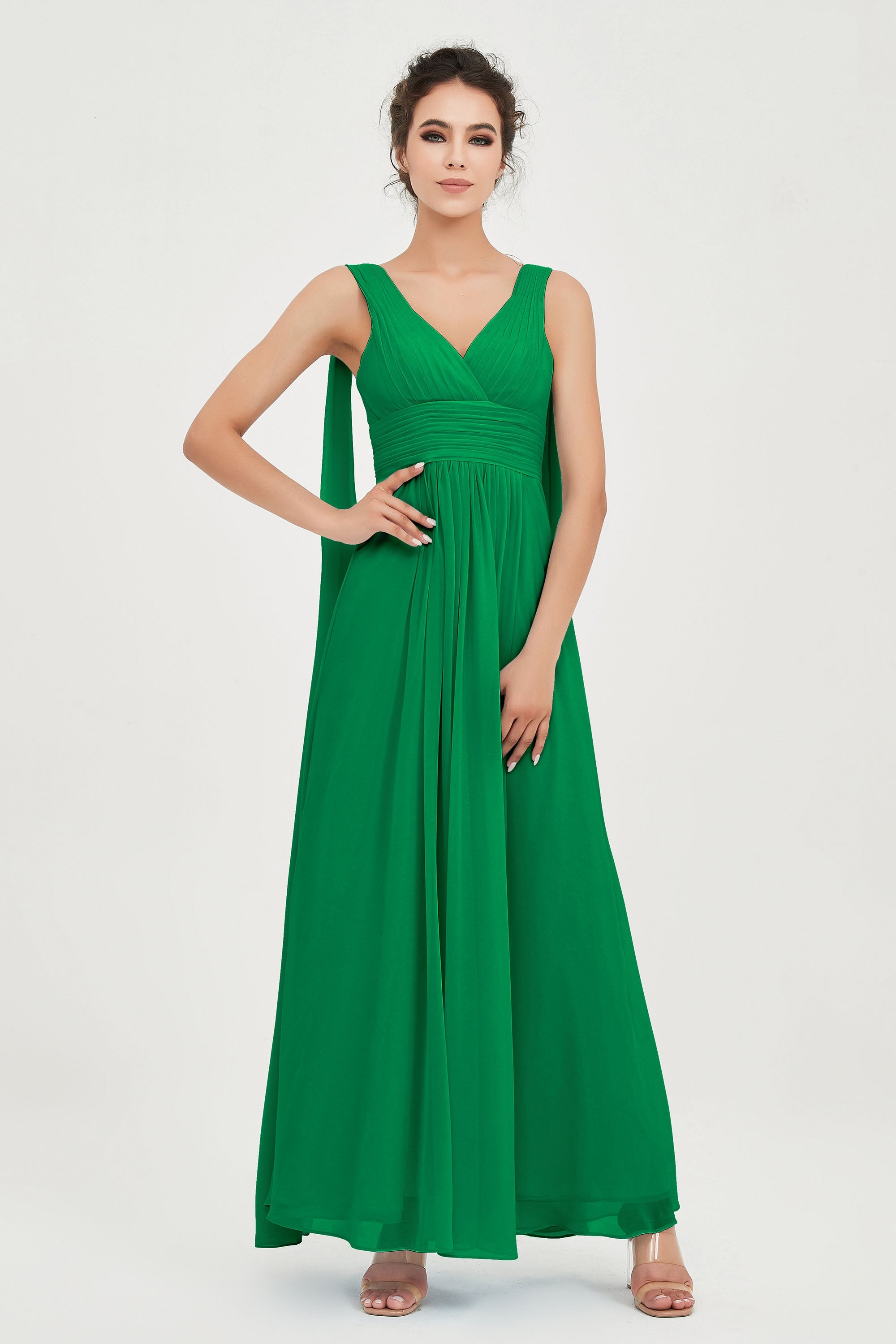 V Neck Chiffon Bridesmaid Dresses Pleated Ruched A Line Formal Evening Dress Gowns