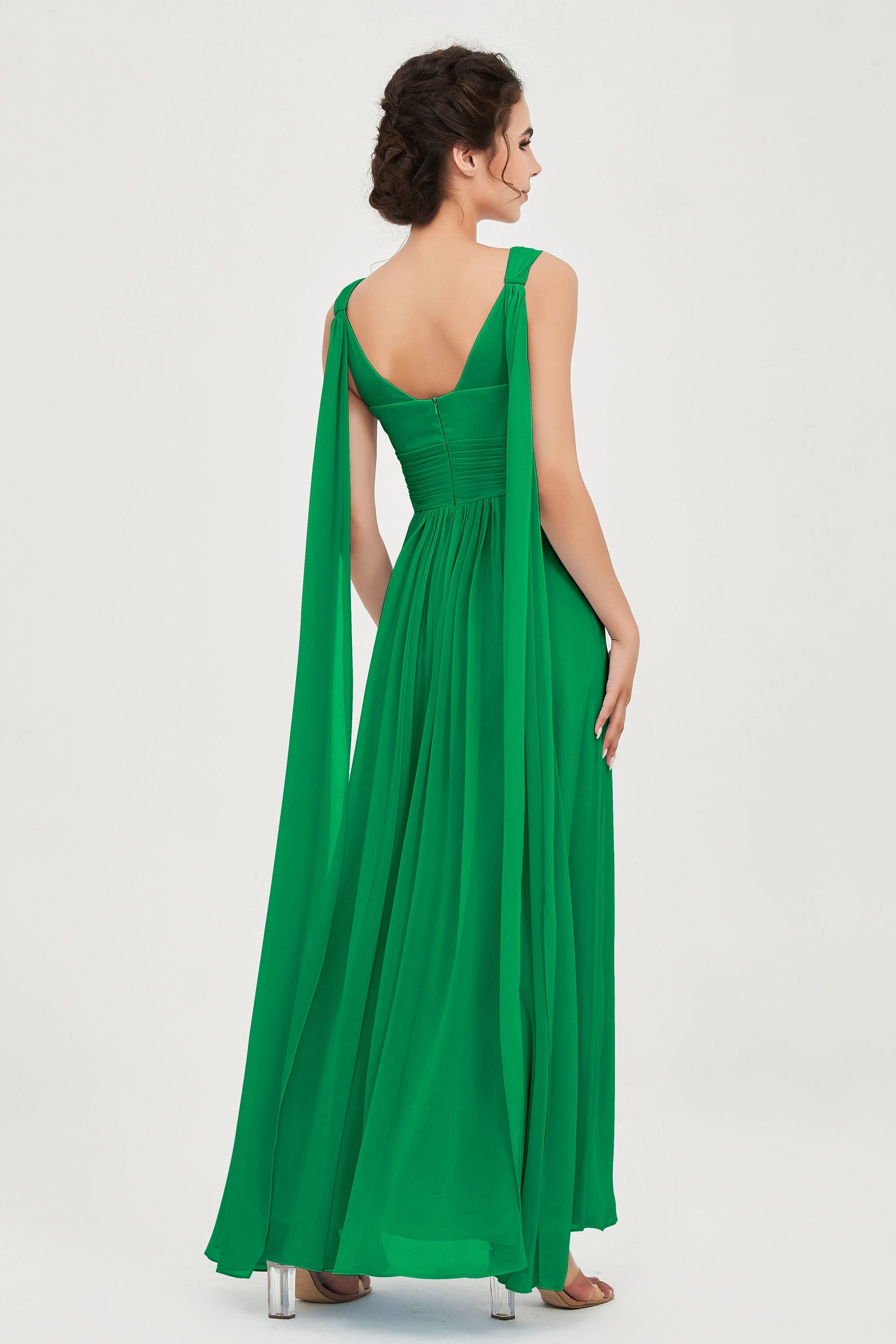 V Neck Chiffon Bridesmaid Dresses Pleated Ruched A Line Formal Evening Dress Gowns