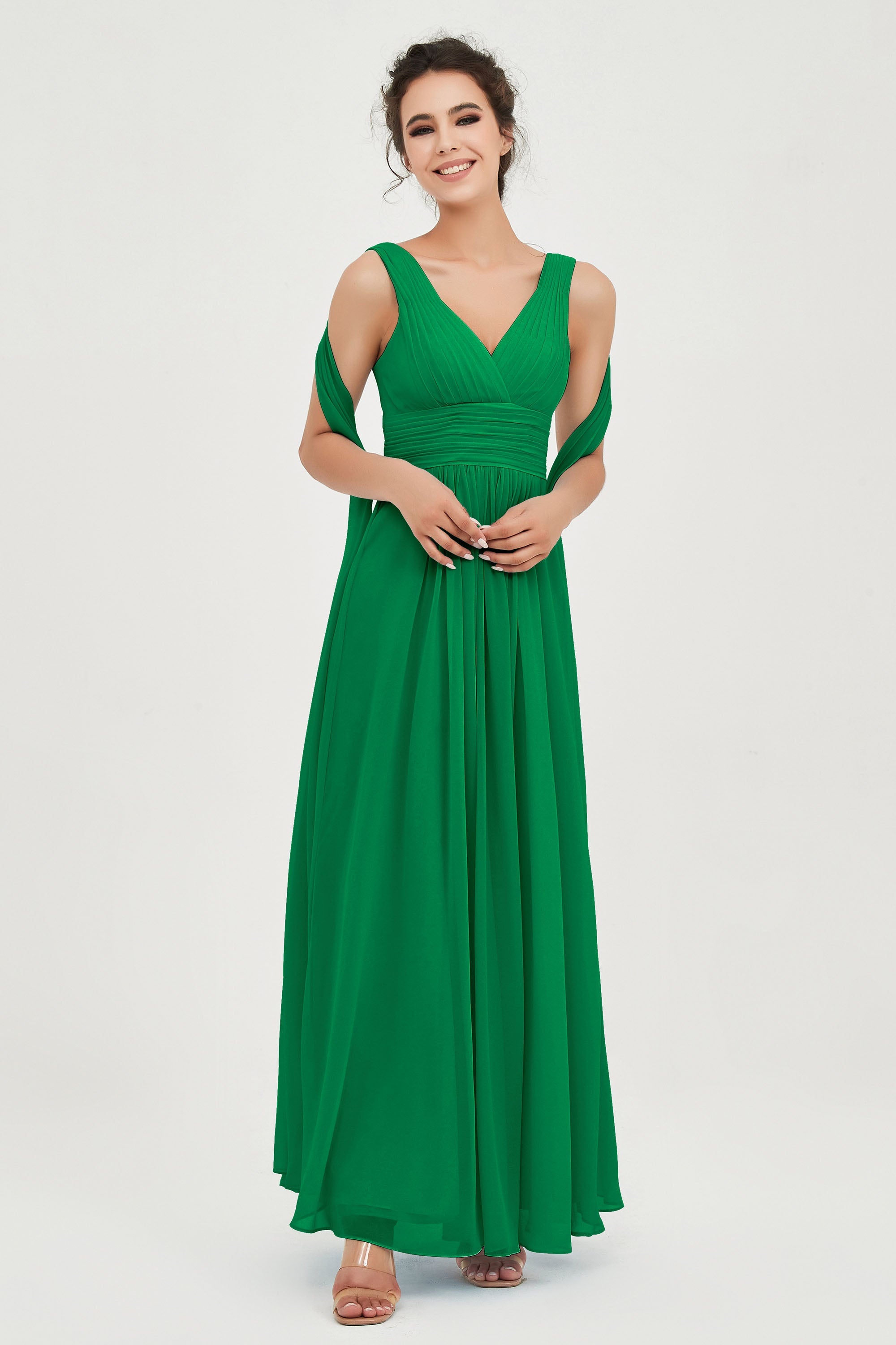 V Neck Chiffon Bridesmaid Dresses Pleated Ruched A Line Formal Evening Dress Gowns