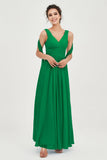 V Neck Chiffon Bridesmaid Dresses Pleated Ruched A Line Formal Evening Dress Gowns