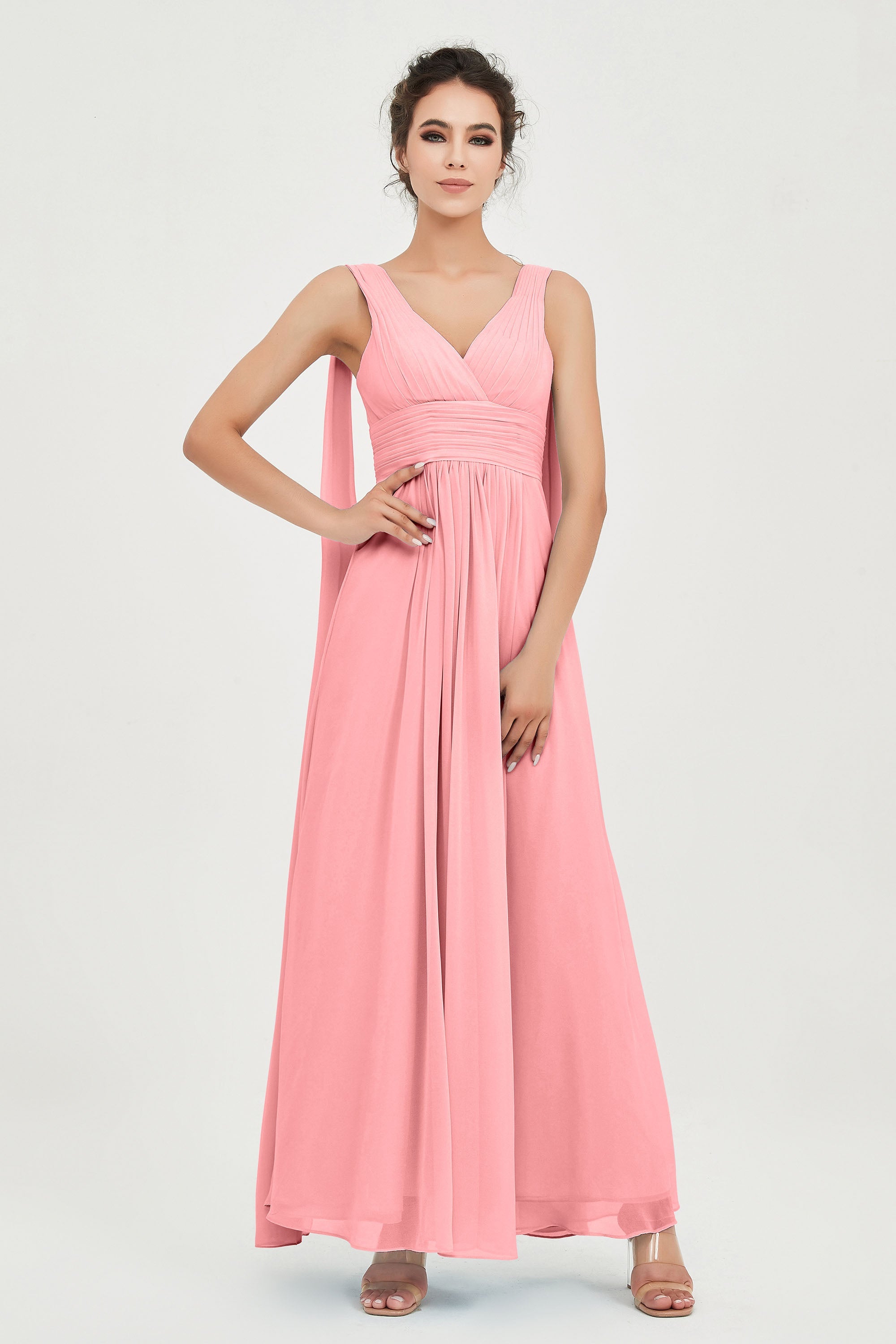 V Neck Chiffon Bridesmaid Dresses Pleated Ruched A Line Formal Evening Dress Gowns