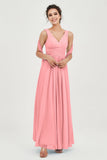 V Neck Chiffon Bridesmaid Dresses Pleated Ruched A Line Formal Evening Dress Gowns
